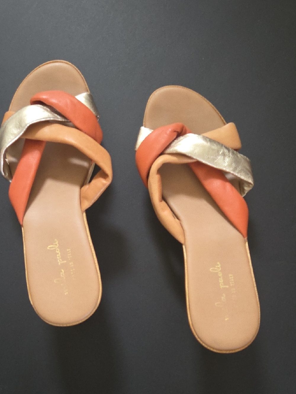 Mila Paoli Braided Slide Sandals in Orange, Gold & Tan